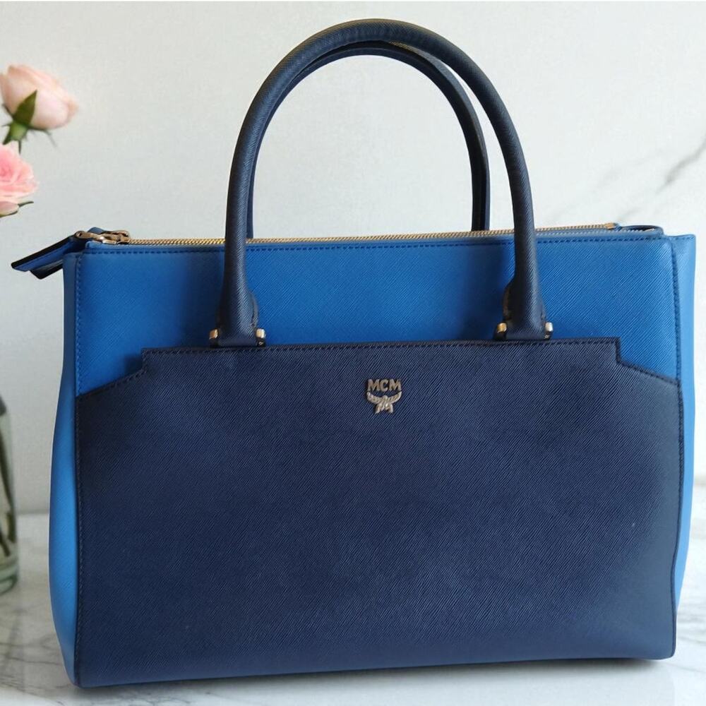 AUTHENTIC MCM Saffiano Leather Satchel in Two-Tone Blue MSRP $1250